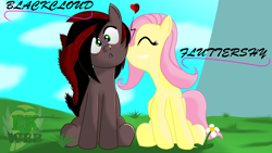 Size: 1000x562 | Tagged: safe, artist:lkweb, fluttershy, oc, oc:blackcloud, pegasus, pony, canon x oc, cute, shipping