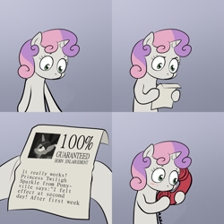 Size: 2000x2000 | Tagged: safe, derpibooru import, sweetie belle, twilight sparkle, twilight sparkle (alicorn), alicorn, pony, unicorn, advertisement, bipedal, blushing, exploitable meme, female, filly, gradient background, hoof hold, horn, horn enlargement, letter, mare, meme, paper, solo, sweetie's note meme, two toned hair, white coat