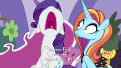 Size: 1280x720 | Tagged: safe, screencap, rarity, sassy saddles, pony, unicorn, forever filly, clothes, crying, dress, faic, fainting couch, female, floppy ears, frown, mare, marshmelodrama, open mouth, raised hoof, saddle, screaming, sitting, surprised, tack, text, tongue out, uvula, volumetric mouth, wide eyes