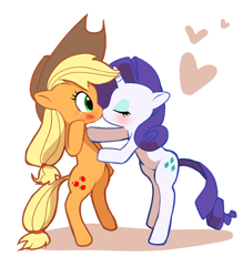 Size: 700x800 | Tagged: safe, artist:quizia, applejack, rarity, earth pony, pony, unicorn, bipedal, blushing, female, heart, kissing, lesbian, rarijack, shipping