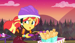 Size: 1892x1080 | Tagged: safe, screencap, pinkie pie, sunset shimmer, better together, equestria girls, sunset's backstage pass!, basket, bicycle, churros, female, food, geode of empathy, helmet, magical geodes, mountain, mountain range, outdoors, raised eyebrow