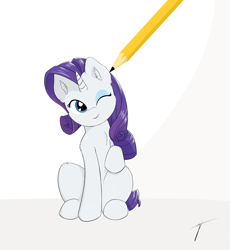 Size: 1726x1878 | Tagged: safe, artist:taxar, part of a set, rarity, pony, unicorn, drawn into existence, looking at you, one eye closed, pencil, raised hoof, simple background, sitting, smiling, solo, wink