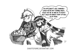 Size: 1024x723 | Tagged: safe, artist:chaoticyume, applejack, twilight sparkle, human, humanized, monochrome, traditional art