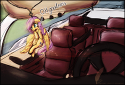 Size: 3000x2037 | Tagged: safe, artist:amura-of-jupiter, fluttershy, pegasus, pony, blind bag, car, chains, driving, keychain, keychain pony, mercedes-benz, rear view mirror, scared, solo, toy