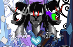 Size: 2408x1550 | Tagged: safe, artist:dualtry, derpibooru import, king sombra, pony, crystal empire, crystal heart, evil laugh, male, solo, suffering