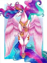 Size: 600x812 | Tagged: safe, artist:lord-aragoon, princess celestia, alicorn, pony, both cutie marks, colored pencil drawing, flying, solo, traditional art, watercolor painting