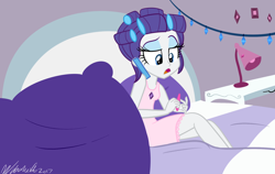 Size: 1024x647 | Tagged: safe, artist:wubcakeva, rarity, equestria girls, alternate hairstyle, bed, cellphone, clothes, desk, hair curlers, nightgown, open mouth, phone, pillow, signature, solo