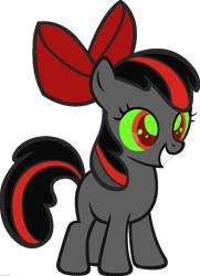 Size: 900x1243 | Tagged: safe, derpibooru import, edit, apple bloom, king sombra, earth pony, pony, apple bloom's bow, bow, colored sclera, female, filly, foal, fusion, green sclera, hair bow, palette swap, ponyar fusion, recolor, red eyes, simple background, smiling, solo, teeth, transparent background, vector, vector edit