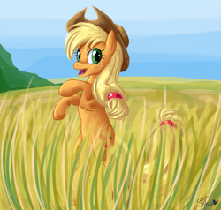 Size: 1350x1283 | Tagged: safe, artist:sofua, applejack, earth pony, pony, field, looking at you, rearing, solo, standing, wheat