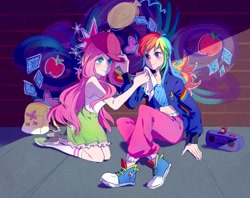 Size: 1200x952 | Tagged: safe, artist:laochi777, derpibooru import, fluttershy, rainbow dash, dance magic, equestria girls, spoiler:eqg specials, converse, female, flutterdash, lesbian, shipping, shoes