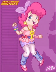 Size: 600x776 | Tagged: safe, artist:kevinbolk, pinkie pie, human, bracelet, clothes, cosplay, costume, derpycon, high heels, humanized, leg warmers, pantyhose, skirt, solo