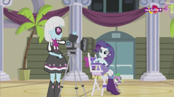 Size: 1137x638 | Tagged: safe, screencap, photo finish, rarity, spike, spike the regular dog, dog, dance magic, equestria girls, spoiler:eqg specials, camera, canterlot high, glasses, hand on hip, teletoon, thumbs up