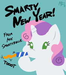 Size: 945x1063 | Tagged: safe, artist:megasweet, sweetie belle, ask smarty belle, new year, party horn, smarty belle