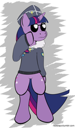 Size: 1404x2400 | Tagged: safe, artist:riscke, derpibooru import, twilight sparkle, twilight sparkle (alicorn), alicorn, pony, testing testing 1-2-3, ancient wonderbolts uniform, bipedal, bomber jacket, commander easy glider, female, mare, solo, sunglasses