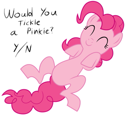 Size: 933x857 | Tagged: safe, pinkie pie, earth pony, pony, bronybait, cute, diapinkes, eyes closed, female, imminent tickles, mare, on back, smiling, solo, tickling