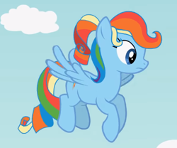 Size: 407x339 | Tagged: safe, derpibooru import, screencap, rainbow dash, rarity, pony, alternate hairstyle, body swap, cloud, eye swap, flying, let's switch bodies, solo