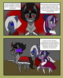 Size: 2600x3200 | Tagged: safe, artist:jolliapplegirl, derpibooru import, king sombra, twilight sparkle, oc, oc:phantasm, bat pony, pony, unicorn, comic:dusk rebellion, alternate timeline, alternate universe, bat pony oc, chibi, clothes, comic, crystal war timeline, dark star au, dialogue, green sclera, no pupils, pointy ponies, sharp teeth, sombra eyes, teeth