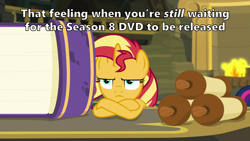 Size: 1466x825 | Tagged: safe, edit, edited screencap, screencap, sunset shimmer, twilight sparkle, twilight sparkle (alicorn), alicorn, pony, unicorn, better together, equestria girls, forgotten friendship, season 8, spoiler:s08, annoyed, book, bored, caption, female, fireplace, image macro, mare, meme, scroll, text