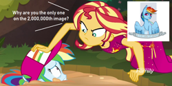 Size: 1024x510 | Tagged: safe, derpibooru import, edit, edited screencap, screencap, rainbow dash, sunset shimmer, better together, equestria girls, spring breakdown, 2000000, abuse, dashabuse, derpibooru, exploitable meme, imminent murder, meme, meta, quicksand, quicksand meme, scared, wide eyes