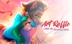 Size: 616x384 | Tagged: safe, artist:dolorosacake, derpibooru import, king sombra, princess celestia, oc, alicorn, pony, art raffle, artraffle, celestibra, female, good king sombra, male, raffle, shipping, straight