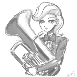 Size: 900x900 | Tagged: safe, artist:johnjoseco, beauty brass, human, grayscale, humanized, monochrome, musical instrument, solo, tuba