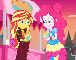 Size: 1252x988 | Tagged: safe, screencap, pinkie pie, sunset shimmer, equestria girls, equestria girls series, sunset's backstage pass!, spoiler:eqg series (season 2), bicycle, churros, clothes, cropped, cute, diapinkes, duo, duo female, female, food, food stand, geode of sugar bombs, magical geodes, outdoors, pantyhose, shimmerbetes, shipping fuel, smiling