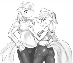 Size: 1959x1691 | Tagged: safe, artist:ss2sonic, applejack, big macintosh, anthro, artifact, ass, clothes, jeans, monochrome, scolding, sketch, sweat, tanktop, wedgie