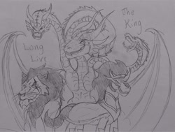 Size: 2132x1613 | Tagged: safe, artist:toonholt, derpibooru import, king sombra, kaiju, pony, unicorn, black and white, crossover, disney, godzilla (series), godzilla: king of the monsters 2019, grayscale, king ghidorah, monochrome, monsterverse, scar (the lion king), sketch, the lion king