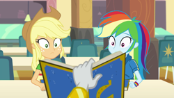 Size: 1280x720 | Tagged: safe, derpibooru import, screencap, applejack, rainbow dash, rarity, better together, equestria girls, a queen of clubs, book, female, shocked expression, surprised face