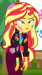 Size: 425x762 | Tagged: safe, screencap, sunset shimmer, better together, equestria girls, sunset's backstage pass!, cropped, female, messy, messy hair, paint, solo