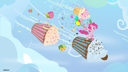 Size: 2048x1153 | Tagged: safe, artist:kmanalli, boneless, gummy, pinkie pie, earth pony, pony, balloon, confetti, cupcake, moustache, party cannon, rubber chicken