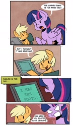 Size: 1114x1920 | Tagged: safe, artist:fauxsquared, applejack, twilight sparkle, twilight sparkle (alicorn), alicorn, earth pony, pony, angry, annoyed, chair, comic, computer, dialogue, duo, e-mail, english, female, filly, laptop computer, library, mare, pearjack, sitting, speech bubble, standing