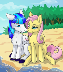 Size: 1194x1354 | Tagged: safe, artist:kristkc, fluttershy, oc, oc:rainy, pegasus, pony, blue eyes, blushing, canon x oc, looking at each other, shipping, wings