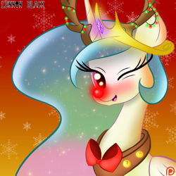 Size: 1000x1000 | Tagged: safe, artist:lennonblack, princess celestia, alicorn, pony, animal costume, blushing, christmas, clothes, costume, cute, cutelestia, female, mare, one eye closed, open mouth, patreon, patreon logo, red nose, reindeer costume, rudolph the red nosed reindeer, solo, wink
