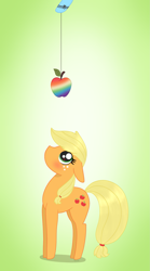 Size: 1155x2079 | Tagged: safe, artist:dyonys, derpibooru exclusive, derpibooru import, applejack, rainbow dash, earth pony, pegasus, pony, apple, blushing, chibi, cute, female, food, freckles, hatless, implied appledash, implied lesbian, implied shipping, jackabetes, looking up, mare, missing accessory, simple background, standing, wingding eyes, zap apple
