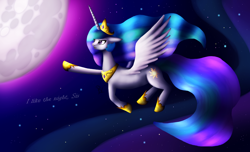 Size: 3300x2000 | Tagged: safe, artist:kimtita, princess celestia, alicorn, pony, flying, moon, night, night sky, solo