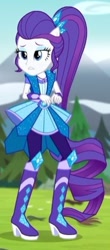 Size: 188x429 | Tagged: safe, screencap, rarity, equestria girls, legend of everfree, boots, cropped, high heel boots, long hair, mountain, ponied up, ponytail, sad, solo, super ponied up, tree