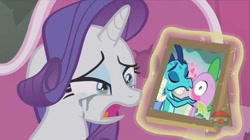 Size: 675x378 | Tagged: safe, artist:dm29, edit, edited screencap, screencap, princess ember, rarity, spike, dragon, pony, unicorn, forever filly, crying, emberspike, female, heart, heartbreak, implied shipping, implied sparity, implied straight, makeup, male, running makeup, shipping, solo, straight