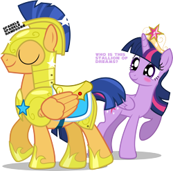 Size: 6068x6000 | Tagged: safe, artist:chainchomp2 edit, derpibooru import, edit, flash sentry, twilight sparkle, twilight sparkle (alicorn), alicorn, pony, absurd resolution, blushing, eyes closed, female, flashlight, looking back, male, mare, raised hoof, shipping, smiling, sparkles, straight, walking