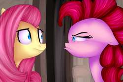 Size: 1500x1000 | Tagged: safe, artist:blazecatloverkittens, fluttershy, pinkie pie, earth pony, pegasus, pony, the cutie map, cute, eye contact, floppy ears, frown, glare, pouting, scene interpretation, thinking, when she doesn't smile, wide eyes