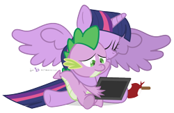 Size: 972x630 | Tagged: safe, artist:dm29, derpibooru import, spike, twilight sparkle, twilight sparkle (alicorn), alicorn, dragon, pony, bindle, duo, feels, feels in source, female, hug, mare, picture frame, simple background, spikelove, transparent background