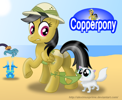 Size: 1024x845 | Tagged: safe, artist:aleximusprime, ahuizotl, daring do, cat, assisted exposure, beach, bikini, clothes, coppertone, plot, sapphire statue, swimsuit