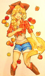 Size: 1836x3110 | Tagged: safe, artist:lucatlula, applejack, human, apple, clothes, eared humanization, front knot midriff, humanized, midriff, shorts, solo, tailed humanization, traditional art, wink