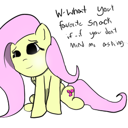 Size: 1500x1500 | Tagged: safe, artist:joejoekk, fluttershy, pegasus, pony, cute, cutie mark, dialogue, female, firealpaca, mare, question, simple background, snacks, solo, transparent background