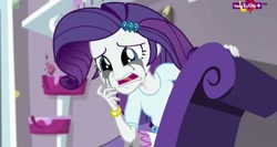 Size: 844x449 | Tagged: safe, screencap, rarity, dance magic, equestria girls, spoiler:eqg specials, bracelet, clothes, crying, female, jewelry, open mouth, sad, skirt, sofa, solo, teletoon