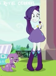 Size: 353x480 | Tagged: safe, screencap, rarity, spike, spike the regular dog, dog, dance magic, equestria girls, spoiler:eqg specials, boots, bracelet, clothes, cropped, high heel boots, jewelry, lidded eyes, looking up, puppy, shocked, skirt