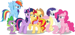 Size: 1024x485 | Tagged: safe, artist:shutterflyeqd, applejack, fluttershy, pinkie pie, rainbow dash, rarity, spike, sunset shimmer, twilight sparkle, twilight sparkle (alicorn), alicorn, dragon, earth pony, pegasus, pony, unicorn, equestria girls, cute, female, hug, male, mane seven, mane six, mare, ponified, simple background, stock vector, transparent background, vector