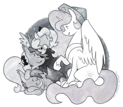 Size: 960x836 | Tagged: safe, artist:egophiliac, princess celestia, princess luna, oc, oc:frolicsome meadowlark, oc:sunshine smiles (egophiliac), alicorn, bat pony, pony, cartographer's cap, crossed hooves, eyepatch, filly, grayscale, hat, lying, monochrome, moonstuck, pink-mane celestia, pony hat, woona, younger