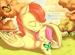 Size: 2700x2000 | Tagged: safe, artist:nobody47, fluttershy, oc, oc:fluttershy's dad, butterfly, pegasus, pony, cuddling, cute, daughter, father, father and child, father and daughter, female, filly, heartwarming, male, parent and child, shyabetes, stallion, tree