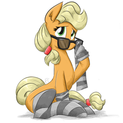 Size: 1200x1200 | Tagged: safe, artist:flutterthrash, applejack, earth pony, pony, adorkable, clothes, cute, dork, female, glasses, hoof hold, jackabetes, lidded eyes, looking at you, mare, simple background, sitting, smiling, socks, solo, stockings, striped socks, sunglasses, thigh highs, white background